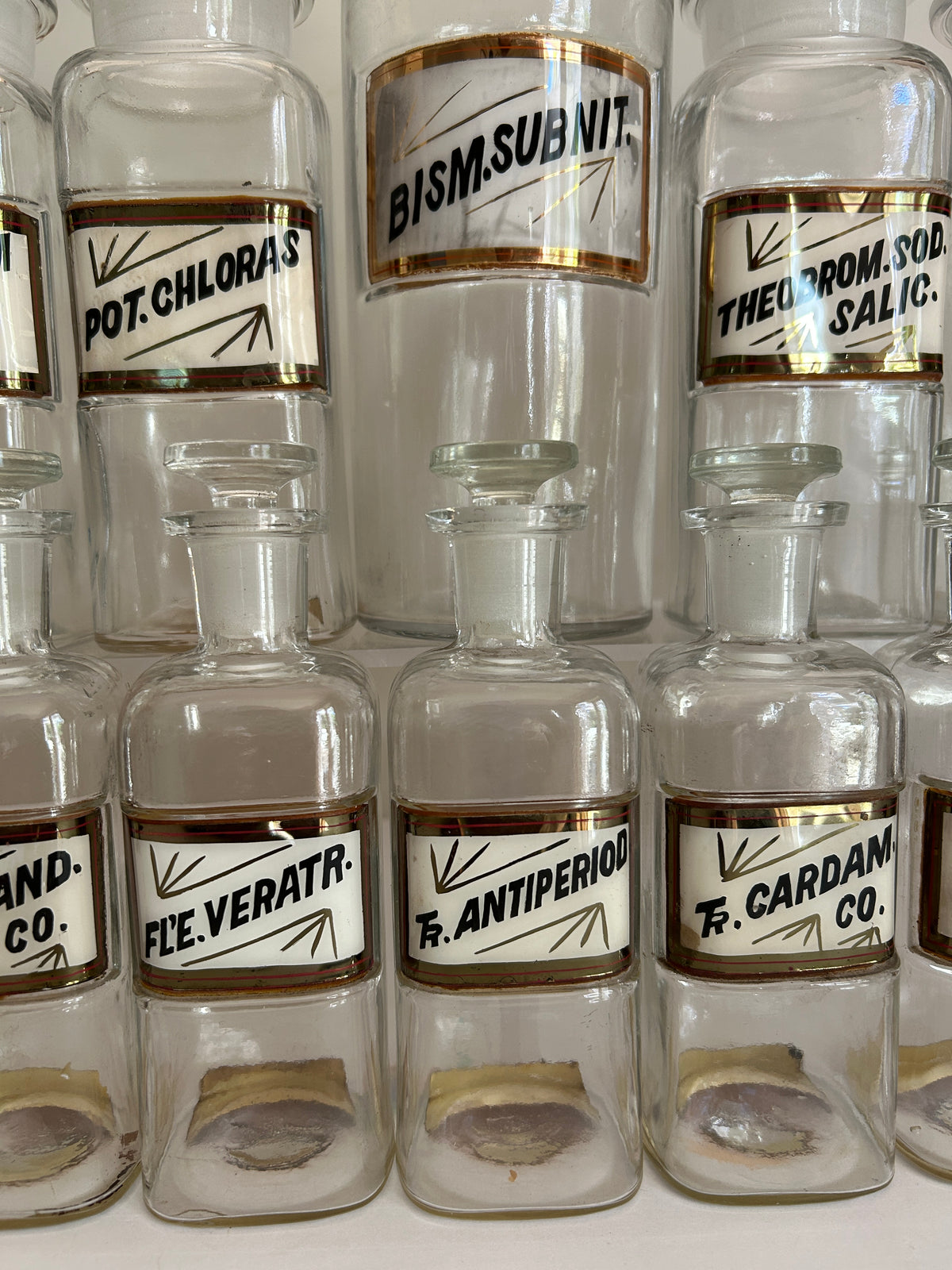Antique Whitall Tatum Co. Reverse-Painted Gilded Label Apothecary Jars, Set of 16